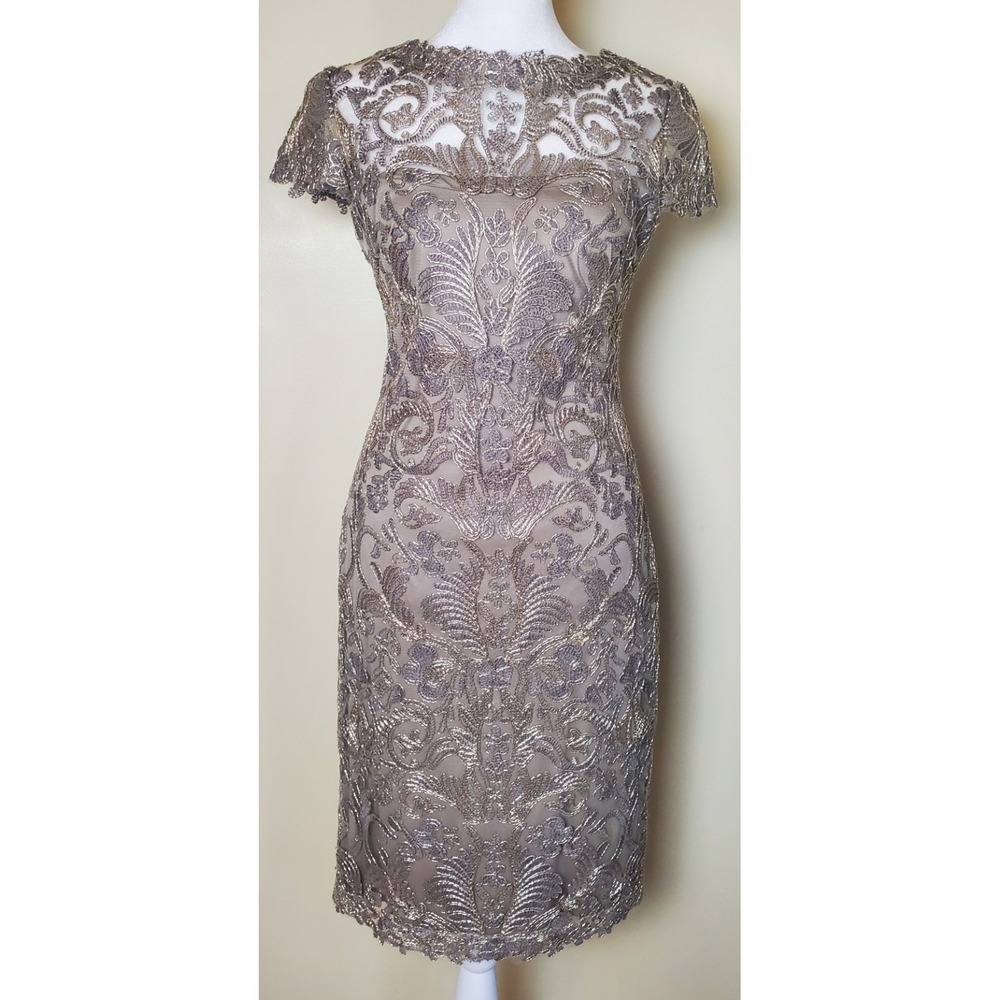 Tadashi Shoji Cap Sleeve Cocktail Dress Embroidery Tulle Sheer Illusion Neckline